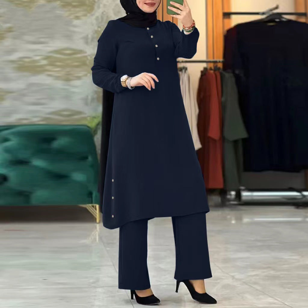 MH0082 Solid Color Long Sleeve Side Seam Decorative Wood Buckle Rubber Waist Ladies Set