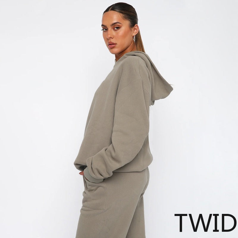 MH0317 Solid Color Hooded Long Sleeve Sweater Set