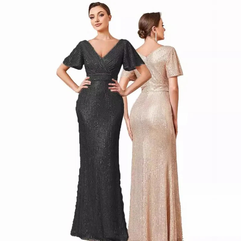 MH483 Sexy V-Neck Sequins Floor Dress Elegant Split