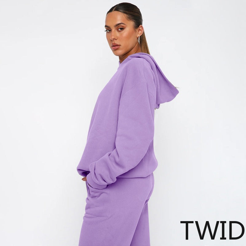 MH0317 Solid Color Hooded Long Sleeve Sweater Set