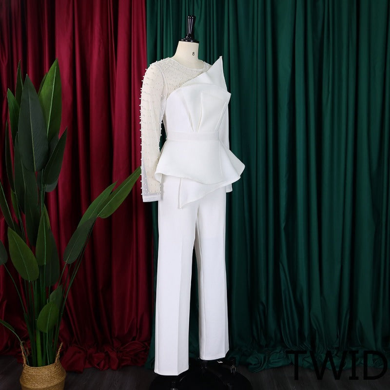 MH0369 Splicing mesh beads waist thin large size jumpsuit