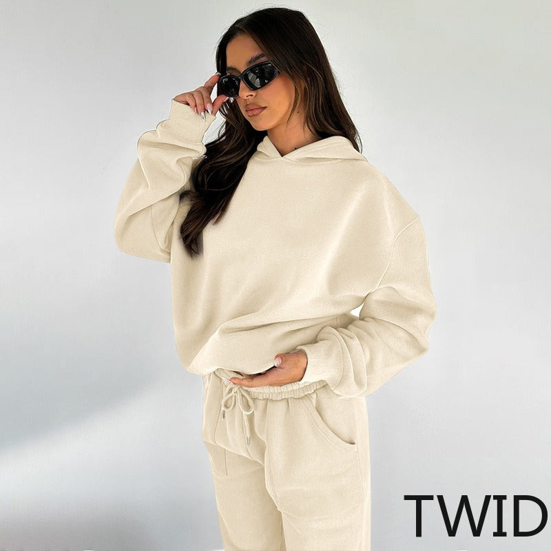 MH0317 Solid Color Hooded Long Sleeve Sweater Set