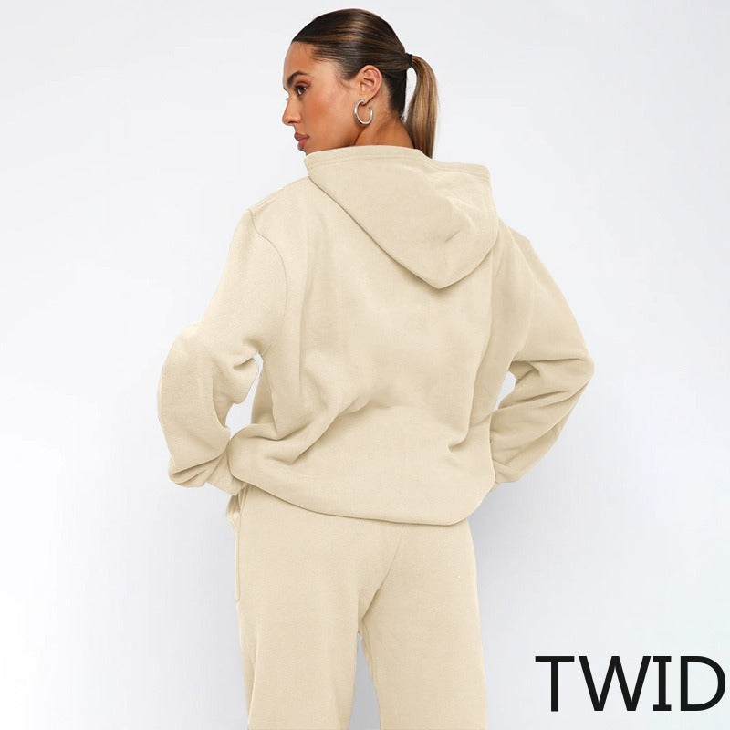 MH0317 Solid Color Hooded Long Sleeve Sweater Set