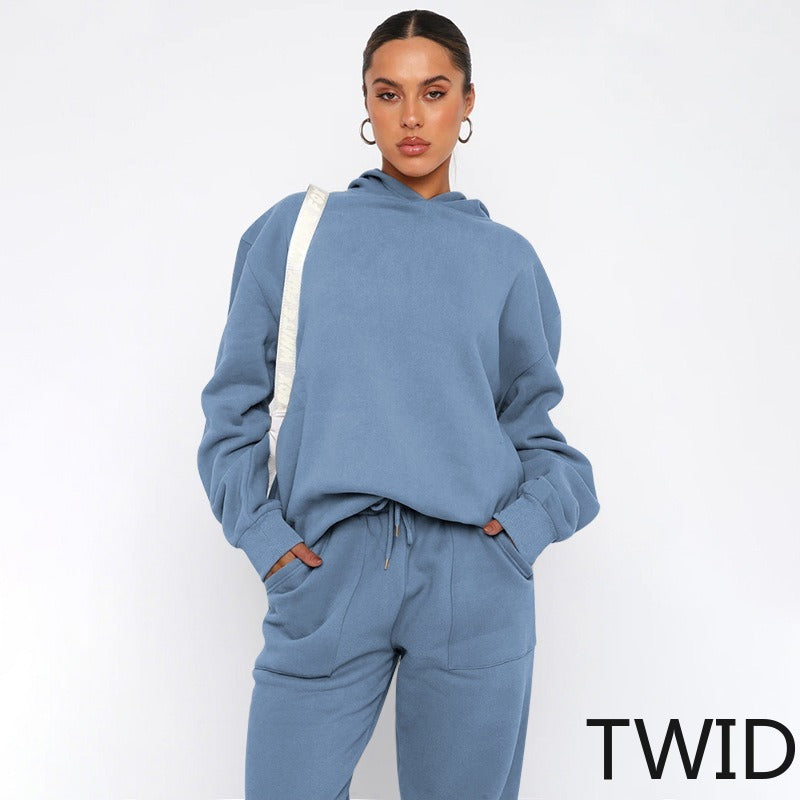 MH0317 Solid Color Hooded Long Sleeve Sweater Set