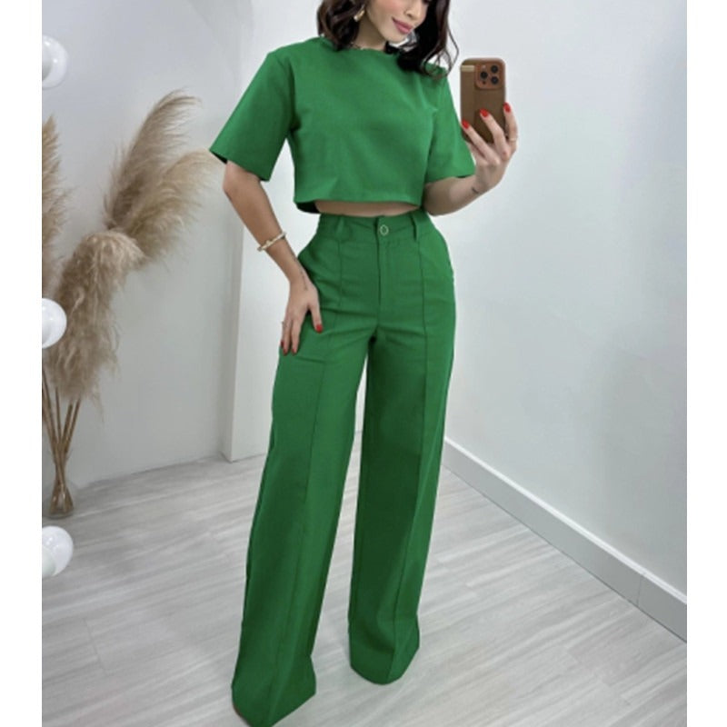 MH0007 Cotton and linen short top high waist wide leg suit pants