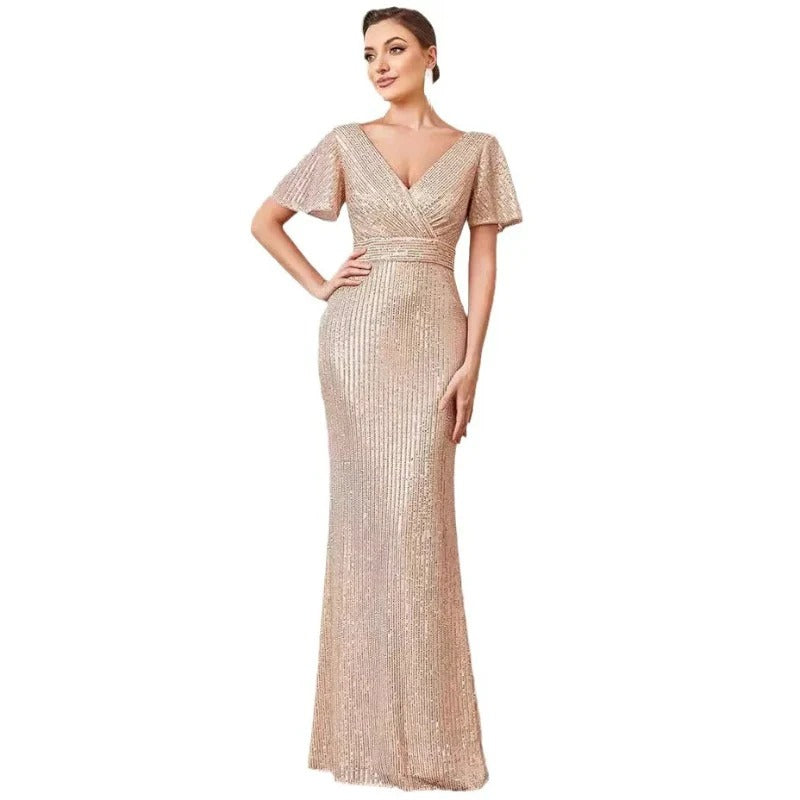 MH483 Sexy V-Neck Sequins Floor Dress Elegant Split