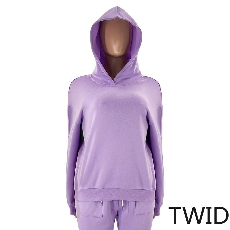 MH0317 Solid Color Hooded Long Sleeve Sweater Set