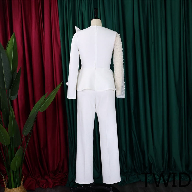MH0369 Splicing mesh beads waist thin large size jumpsuit