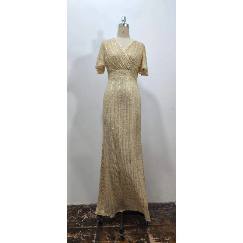 MH483 Sexy V-Neck Sequins Floor Dress Elegant Split
