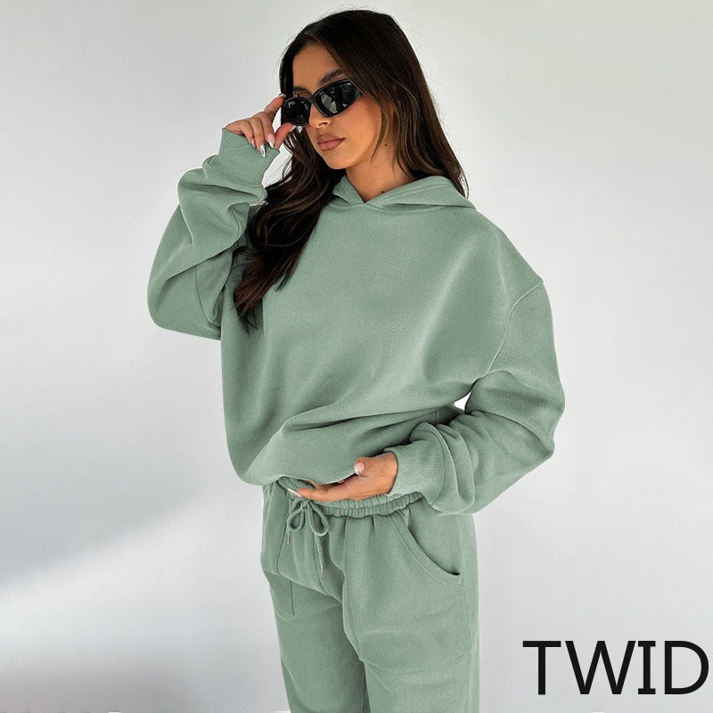 MH0317 Solid Color Hooded Long Sleeve Sweater Set
