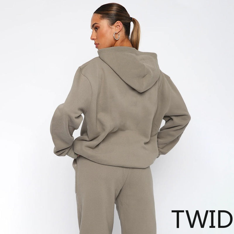 MH0317 Solid Color Hooded Long Sleeve Sweater Set