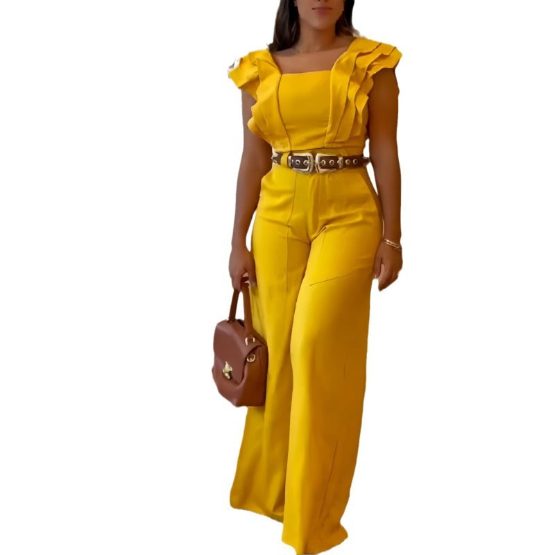 MH0024 ruffle edge short-sleeved top, hip-showing high-waisted wide-leg pants two-piece set