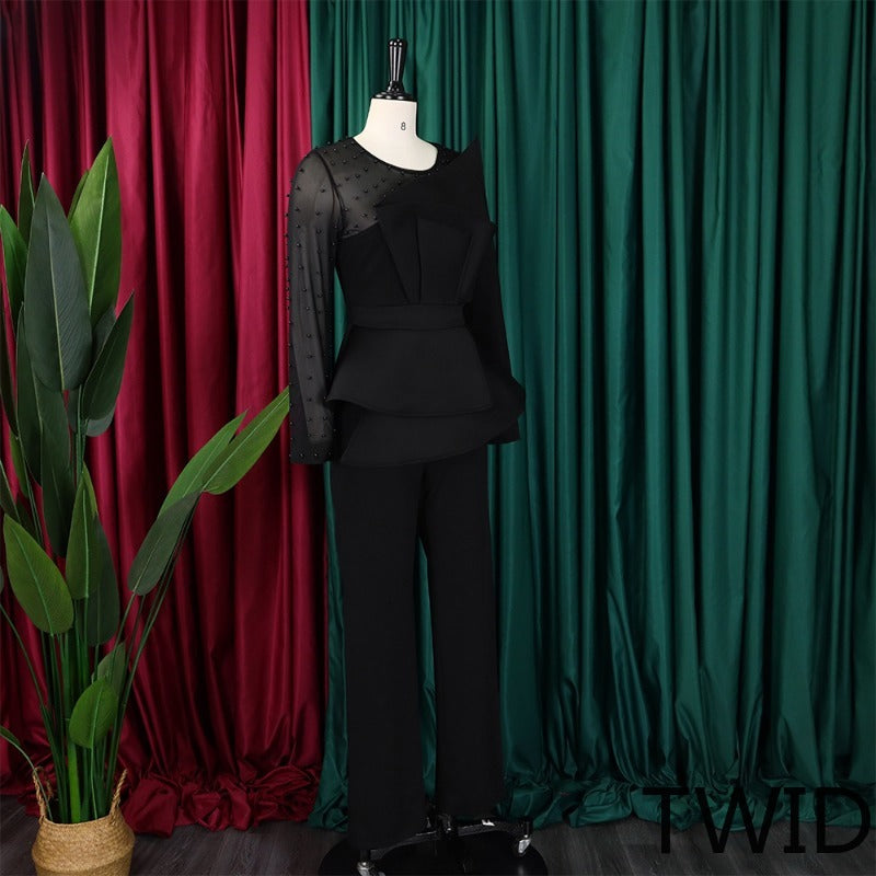 MH0369 Splicing mesh beads waist thin large size jumpsuit