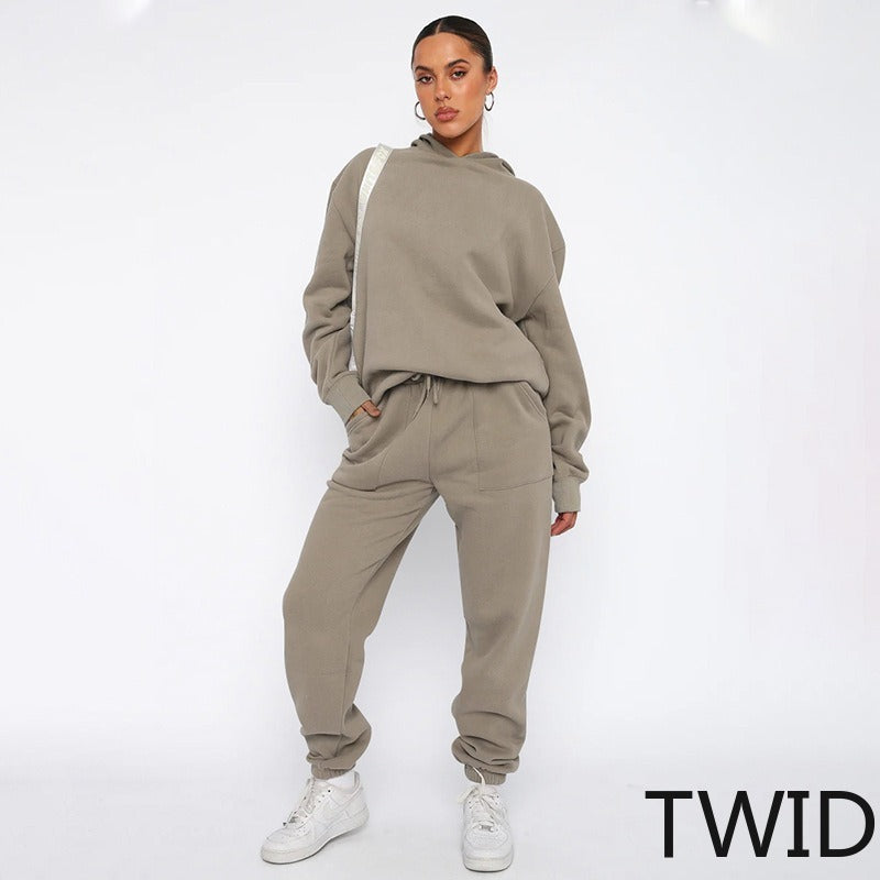 MH0317 Solid Color Hooded Long Sleeve Sweater Set