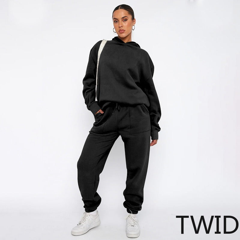MH0317 Solid Color Hooded Long Sleeve Sweater Set
