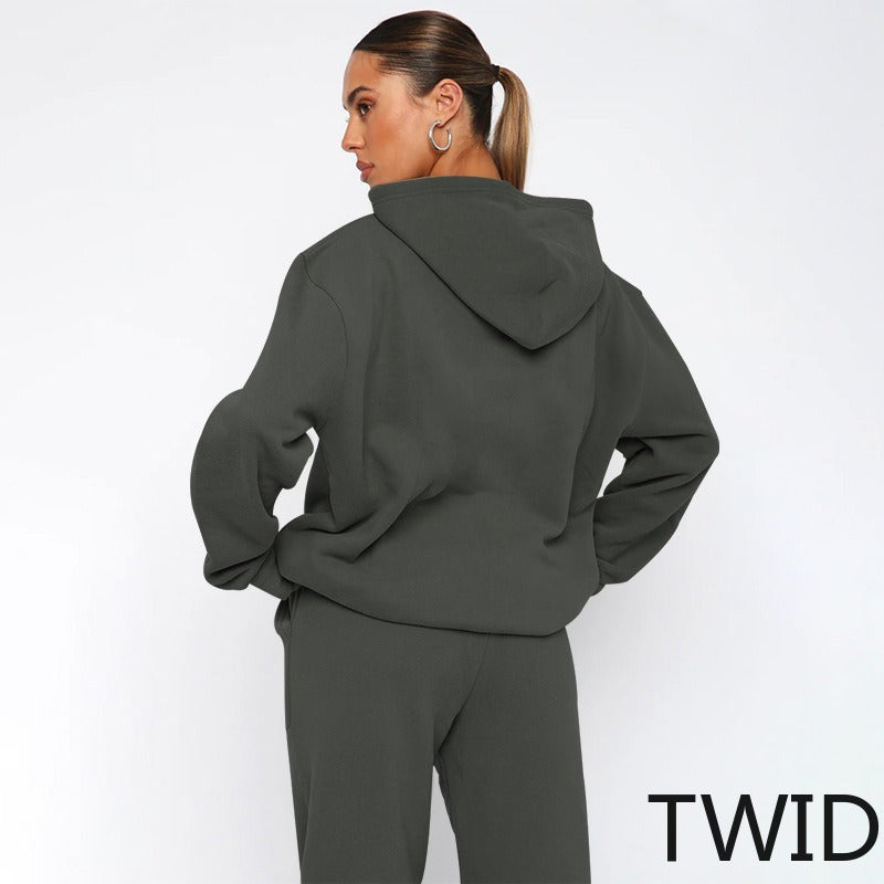 MH0317 Solid Color Hooded Long Sleeve Sweater Set