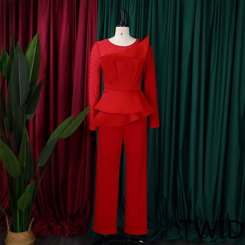 MH0369 Splicing mesh beads waist thin large size jumpsuit