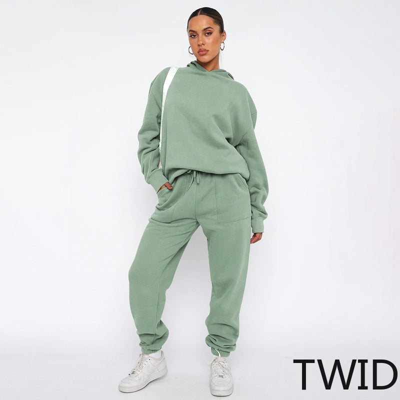 MH0317 Solid Color Hooded Long Sleeve Sweater Set