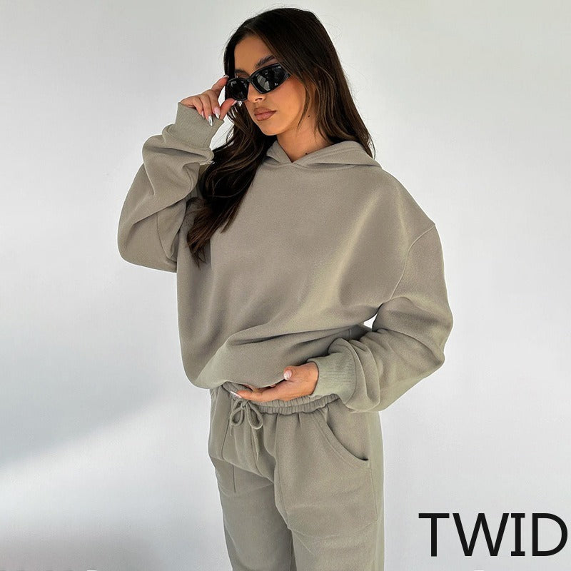 MH0317 Solid Color Hooded Long Sleeve Sweater Set
