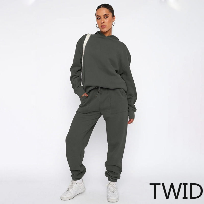MH0317 Solid Color Hooded Long Sleeve Sweater Set
