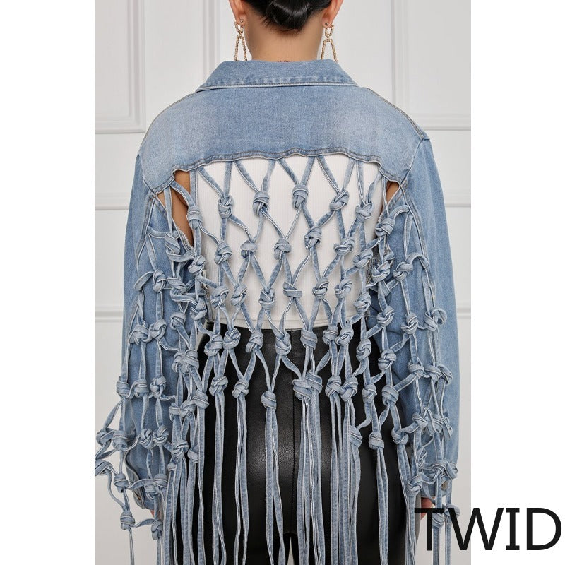 MH0391 Back mesh fringed denim jacket women