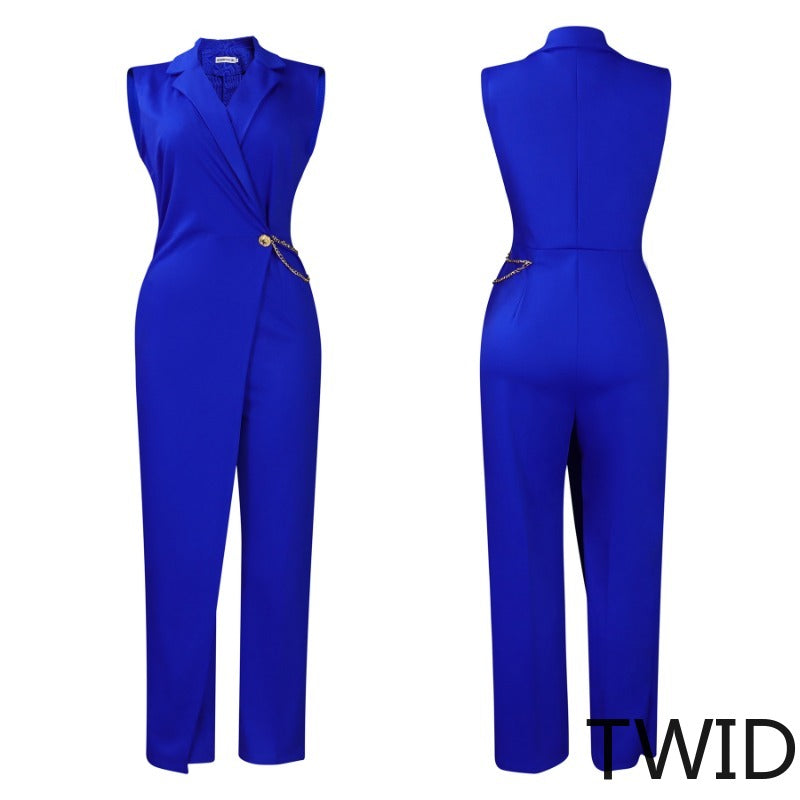 MH0350 Suit collar waist chain loose wide-leg jumpsuit