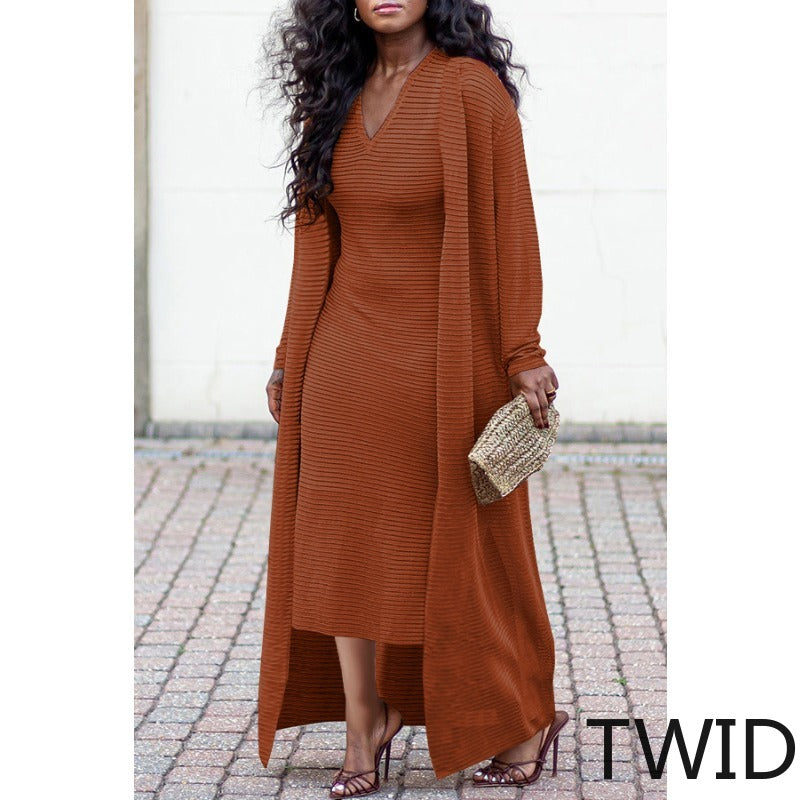 MH0238 Solid color pit strip elastic cape jacket + slim V-neck skirt two-piece set