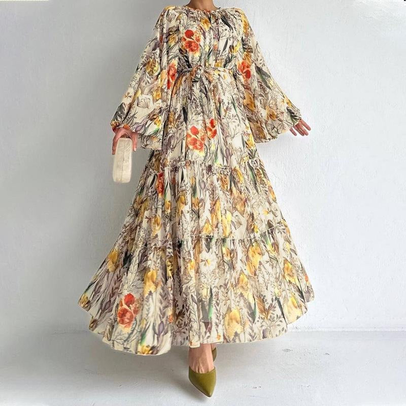 MH1842 Flower print long-sleeved temperament dress