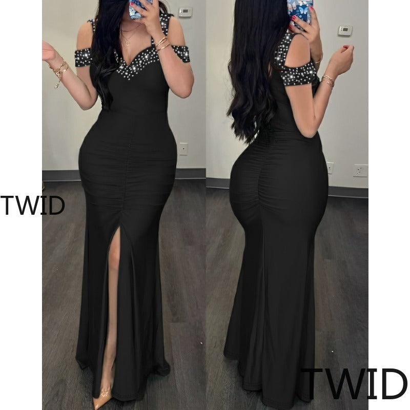 MH0006 Hot Diamond Off-Shoulder Slim-Fit High Waist Hip Wrap Split Dress