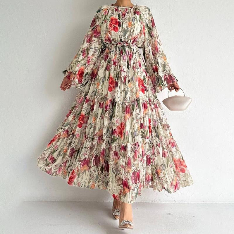 MH1842 Flower print long-sleeved temperament dress