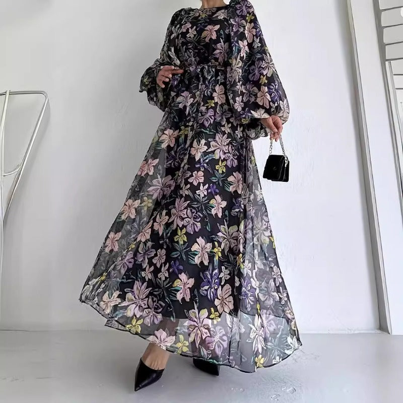 MH1282 Chiffon flower long fashionable and elegant waist dress