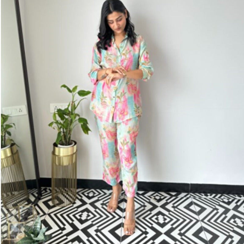 MH0120 Glossy Satin Floral Print Two-piece Set