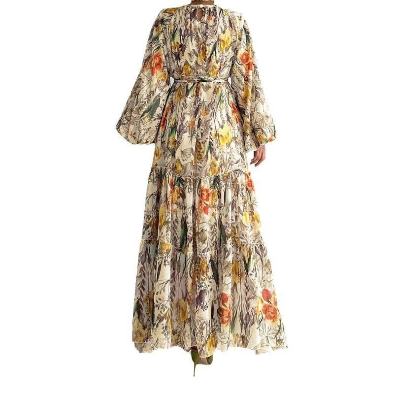 MH1842 Flower print long-sleeved temperament dress