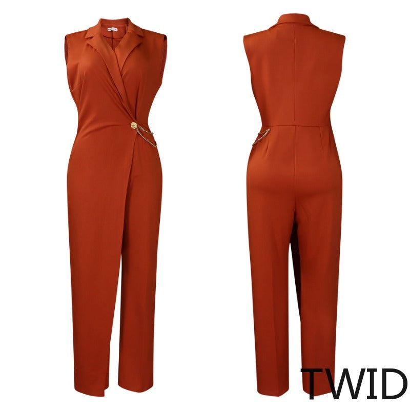 MH0350 Suit collar waist chain loose wide-leg jumpsuit