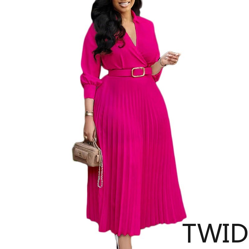 MH0281 Solid color lapel long-sleeved pendulum skirt pleated dress