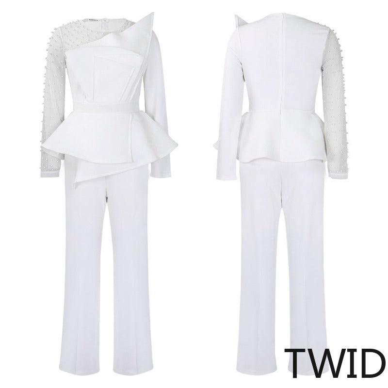 MH0369 Splicing mesh beads waist thin large size jumpsuit