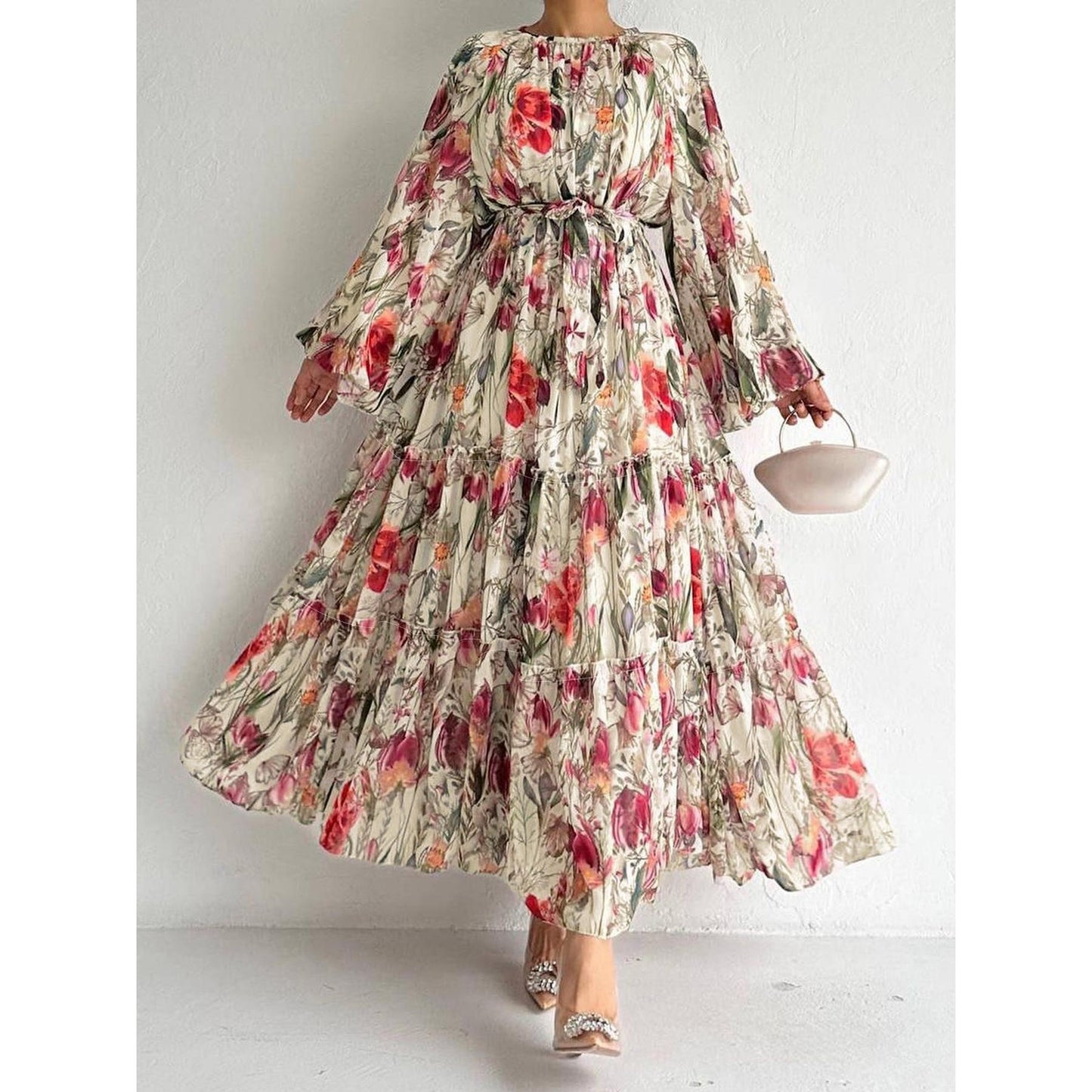 MH1842 Flower print long-sleeved temperament dress