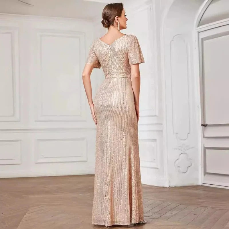 MH483  Sexy V-Neck Sequins Floor Dress Elegant Split