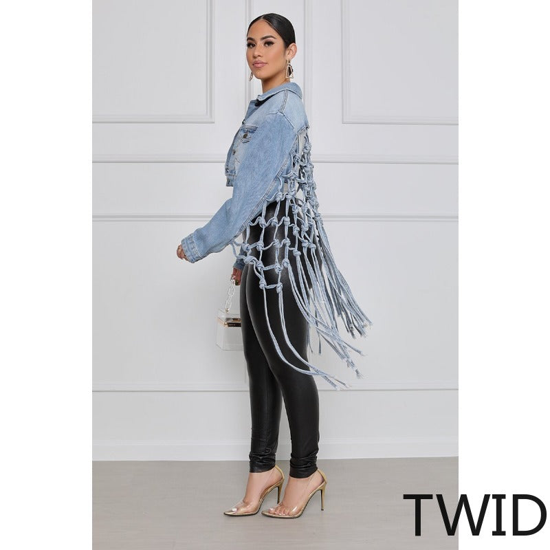 MH0391 Back mesh fringed denim jacket women