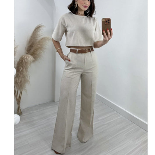 MH0007  Cotton and linen short top high waist wide leg suit pants