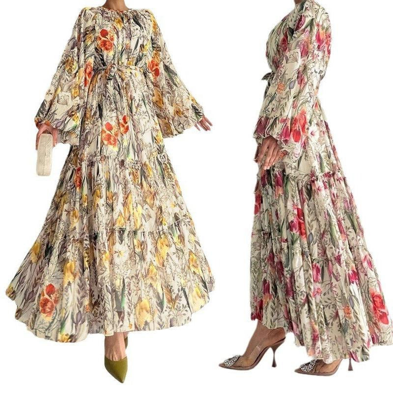 MH1842 Flower print long-sleeved temperament dress