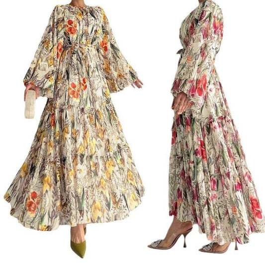 MH1842 Flower print long-sleeved temperament dress