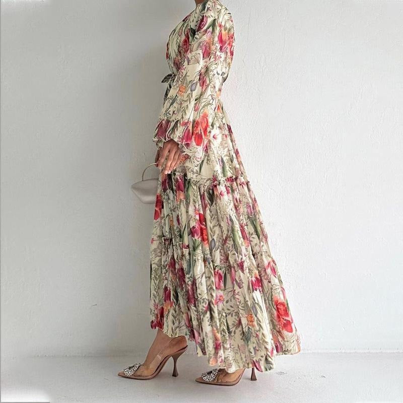 MH1842 Flower print long-sleeved temperament dress