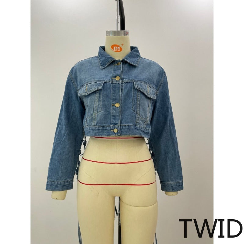 MH0391 Back mesh fringed denim jacket women