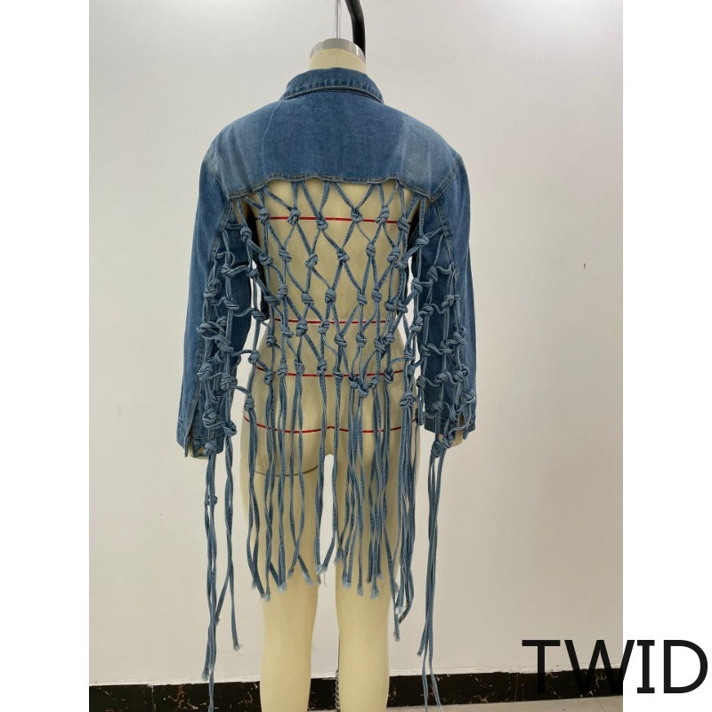 MH0391 Back mesh fringed denim jacket women