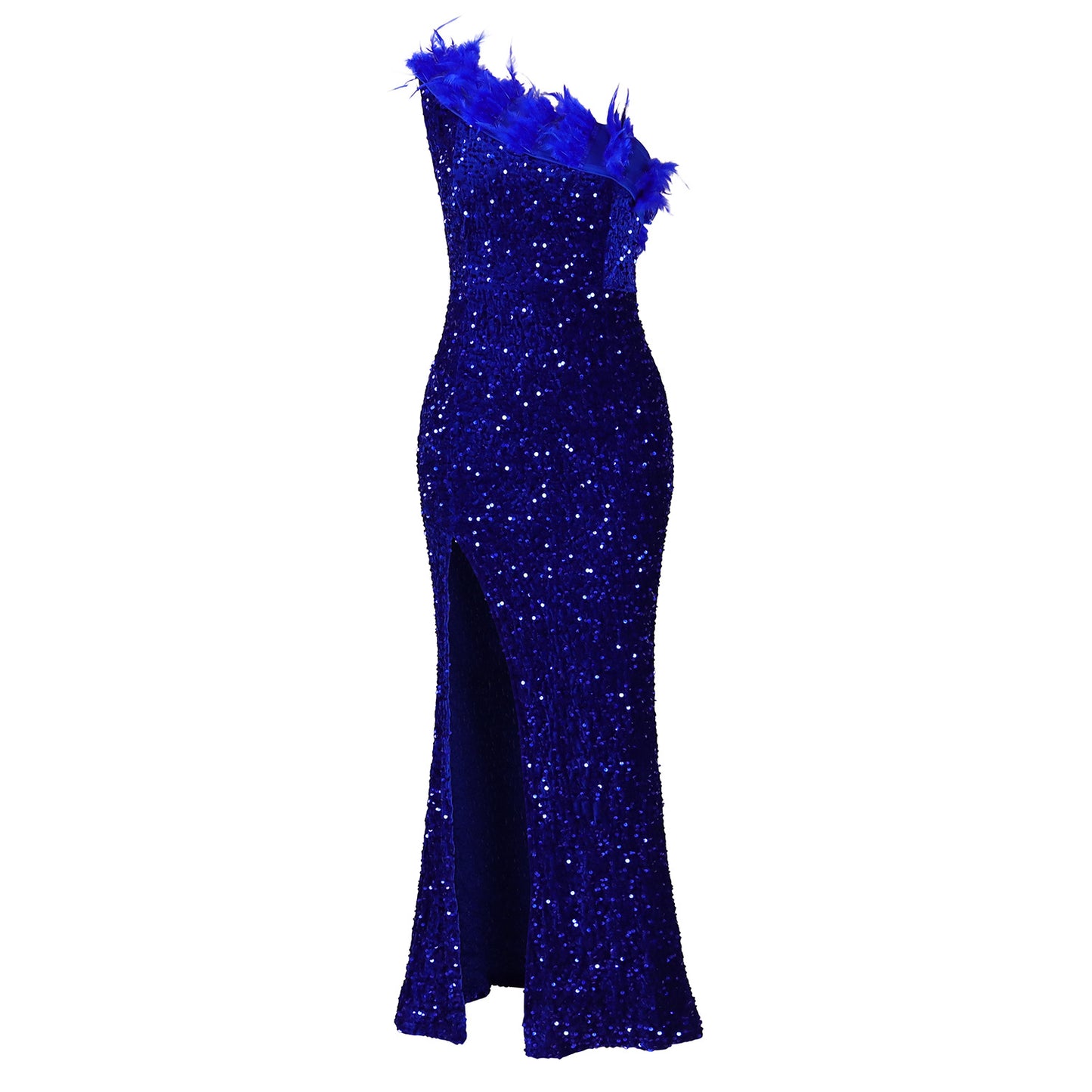 MH0790 Sexy Fashion Feather Slant Neck Split Split Dress