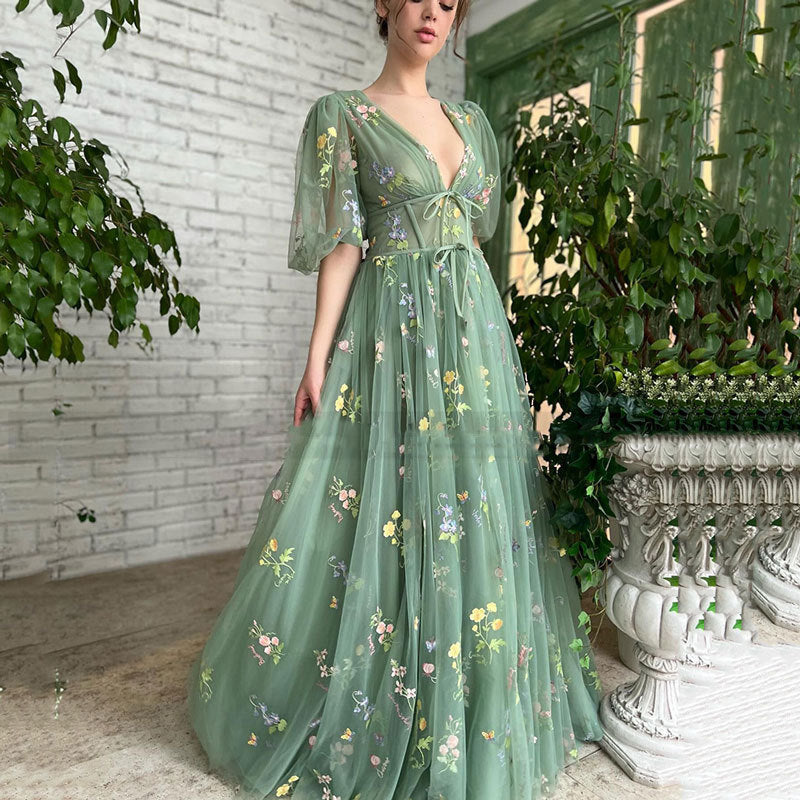 MH0430 Green Tulle Ball Dress Bubble Sleeve V-Neck Sexy Long Dress