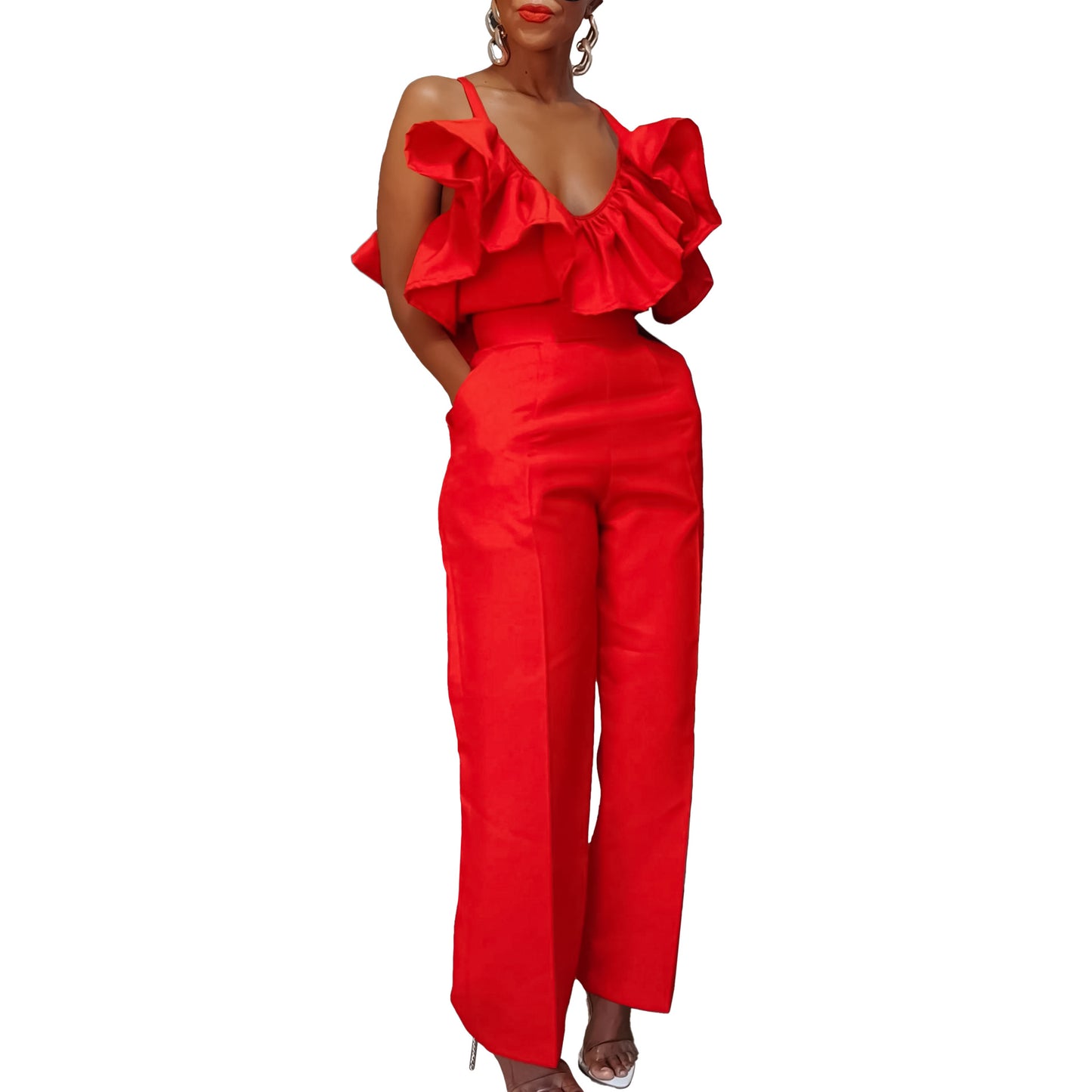 MH0375 V-neck ruffle edge suspender top high waist trousers set