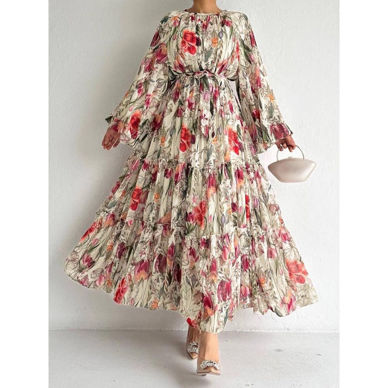 MH1842 Flower print long-sleeved temperament dress