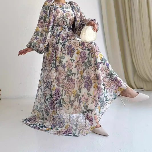 MH1282 Chiffon flower long fashionable and elegant waist dress